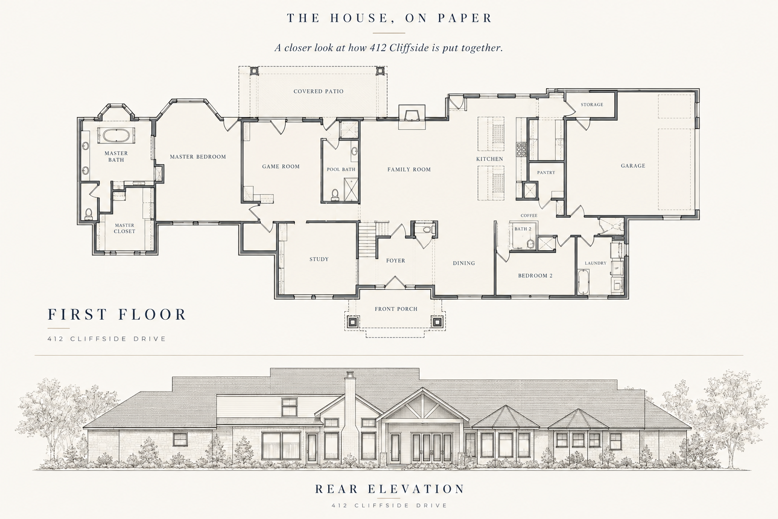 First floor plan and rear architectural elevation of 412 Cliffside Drive in Shavano Park, Texas